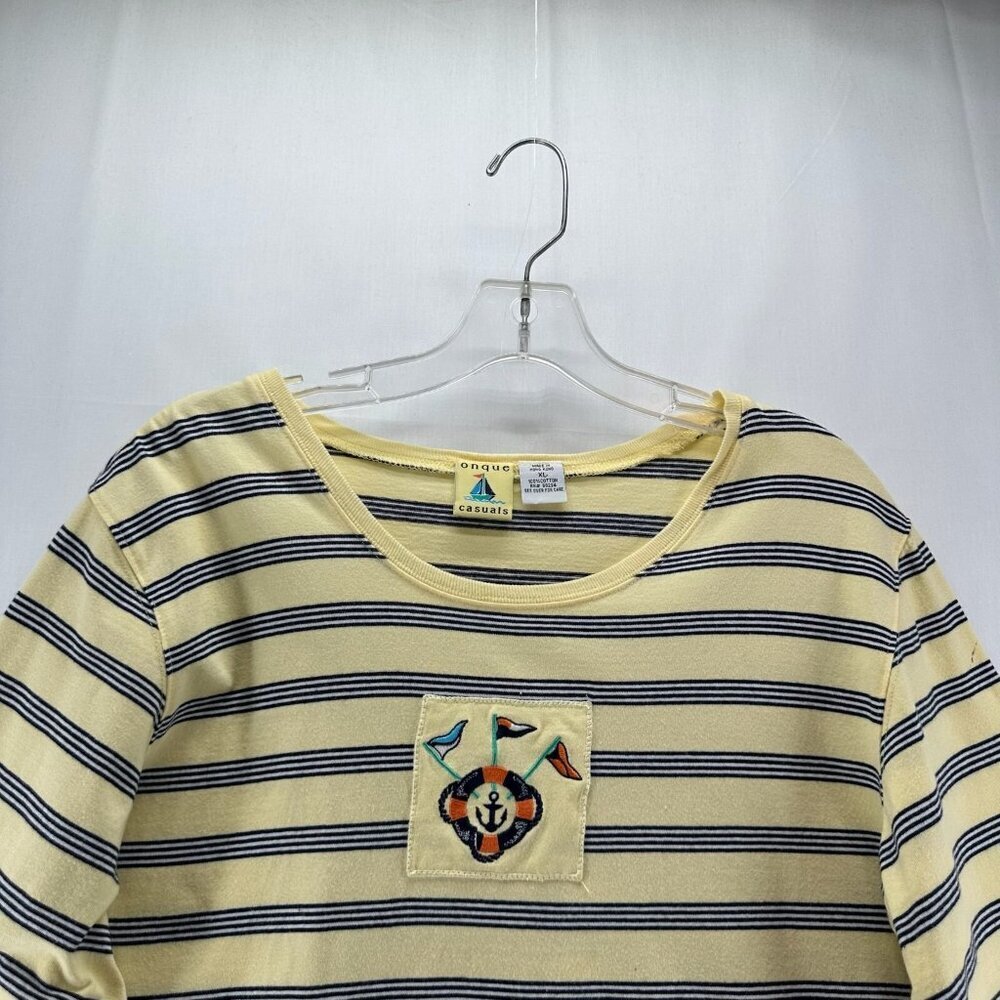 Onque Casuals Top Women Size XL Nautical Striped 3/4 Sleeve Cotton Yellow VTG - Picture 3 of 12